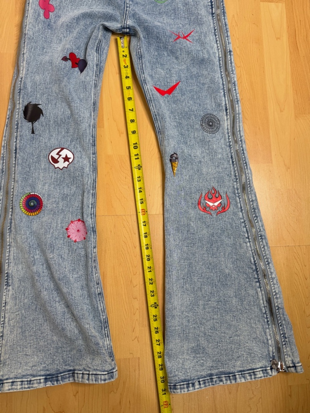VEES Y2K Patchwork Flare Jeans Side Zipper Bell Bottom High Rise Festival - Picture 7 of 12